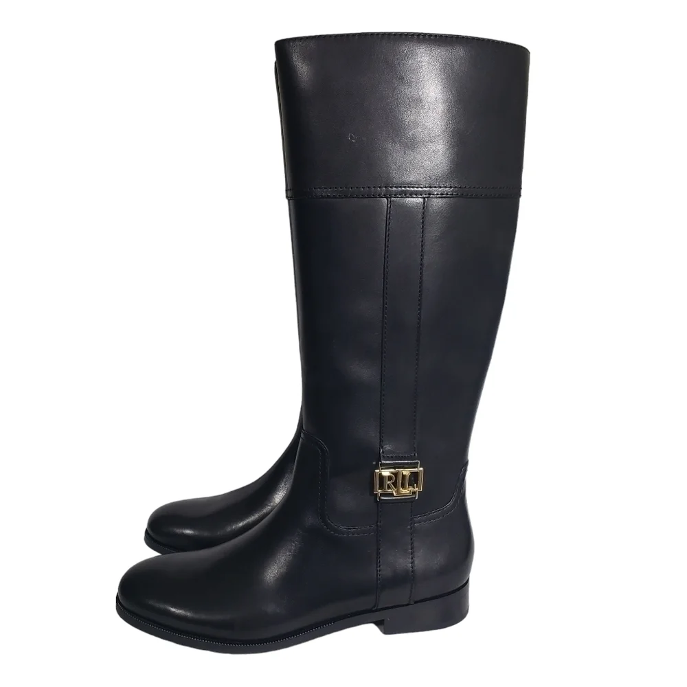 Lauren Ralph Lauren Berdie Black 100% Leather Riding Boots Sz 5.5B, 10B